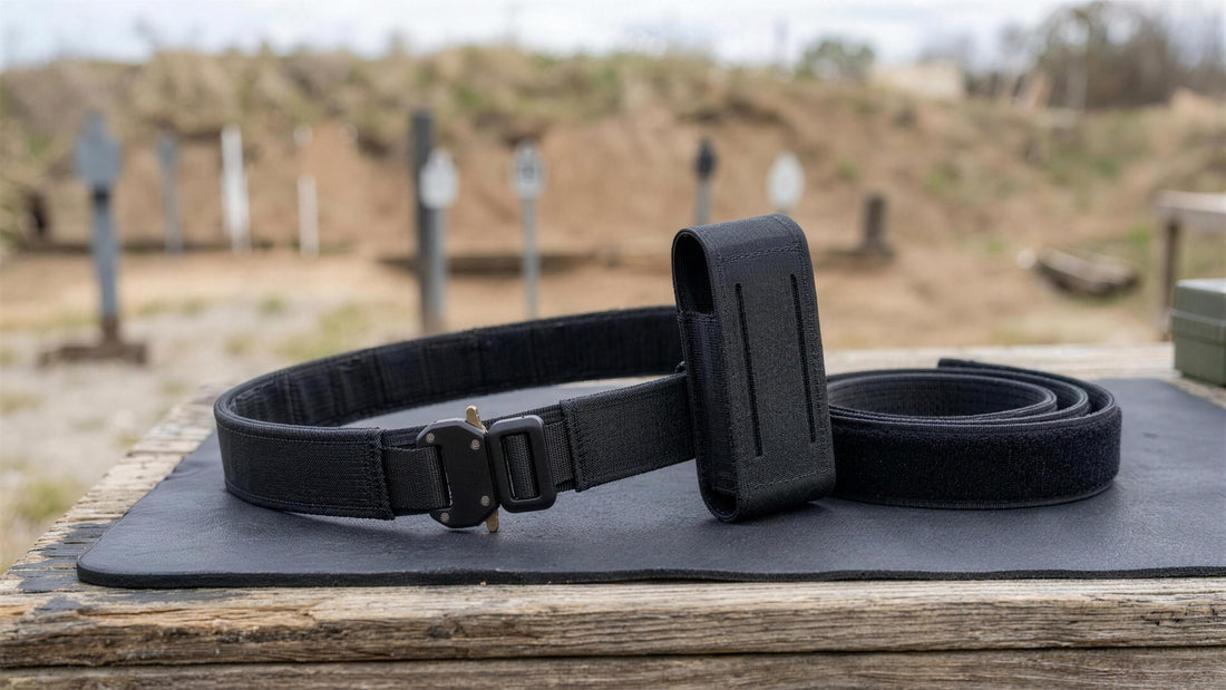 Rigid outer equipment belt with a low-profile pouch mounted, laid on an outdoor range bench (concept render)