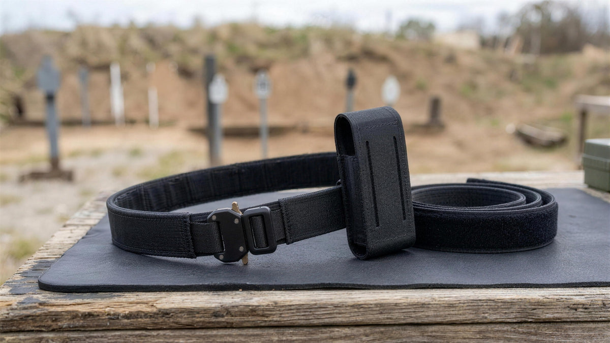 Rigid outer equipment belt with a low-profile pouch mounted, laid on an outdoor range bench (concept render)