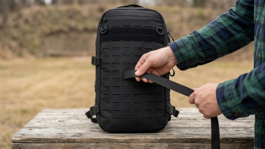 Hand threading a strap through the laser-cut panel of a 14L modular backpack at an outdoor range (concept render)