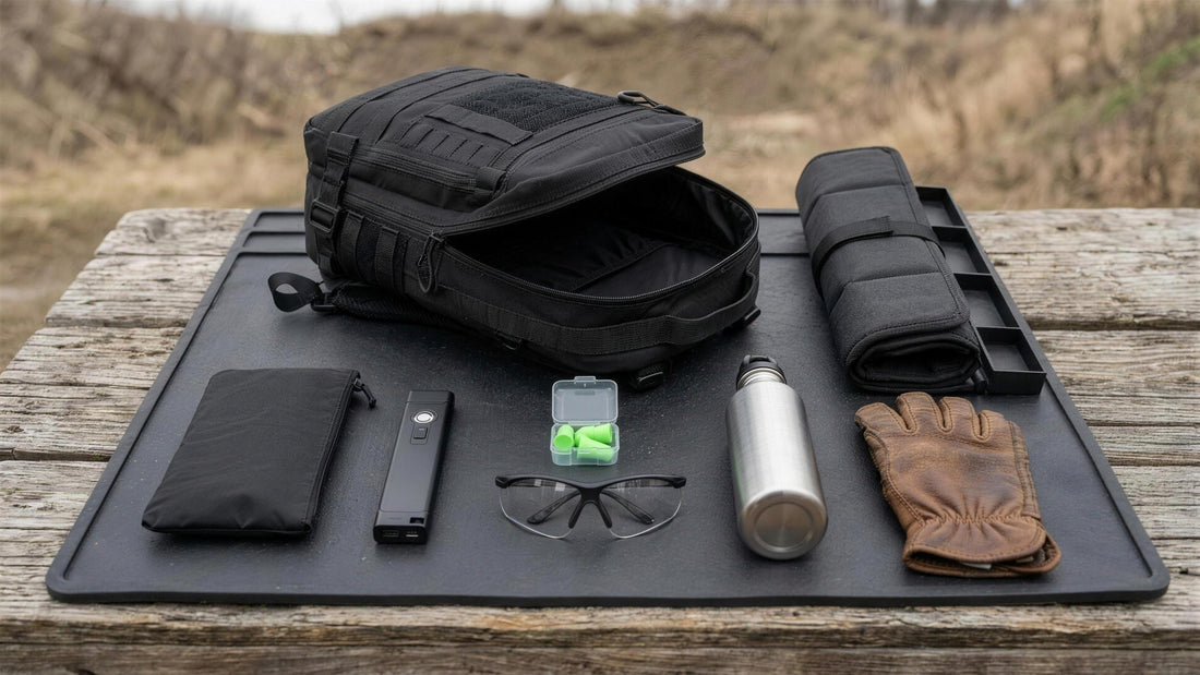 Range day flat lay: 14L modular backpack, rolled maintenance mat, zip organizer, flat flashlight, ear and eye protection, water and gloves (concept render)
