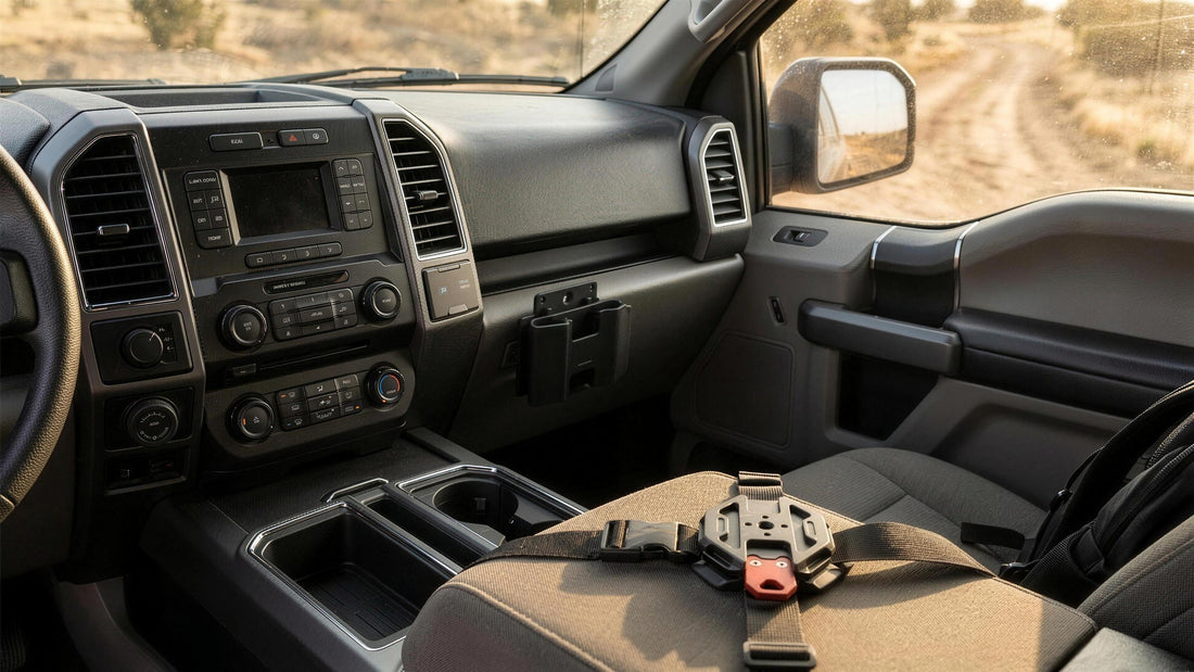 Empty magnetic handgun mount fixed inside a pickup cab beside the console, with a magnetic phone mount on a pack strap (concept render)