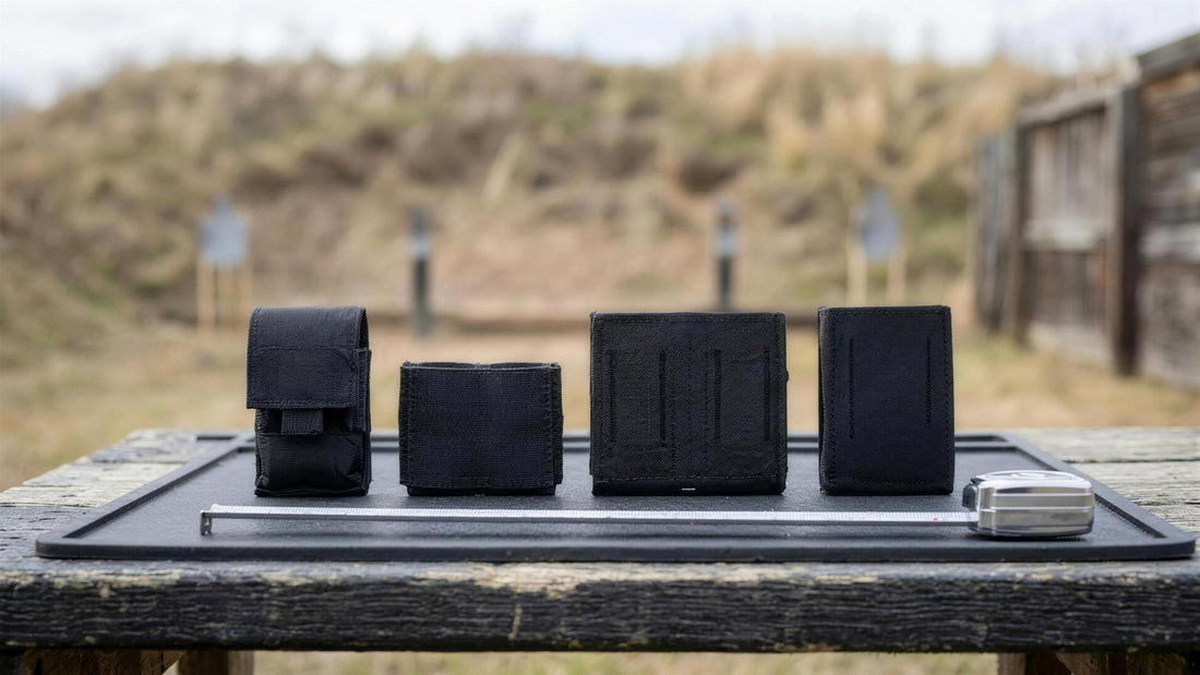 Four empty magazine pouches in a row from covered single to rifle size, with a tape measure, on an outdoor range bench (concept render)