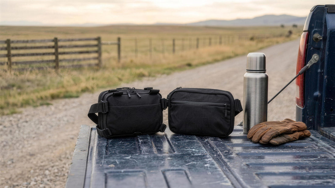 Full-size and expandable concealment carry bags closed on a pickup tailgate with a thermos and work gloves (concept render)