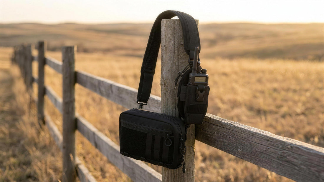 Adjustable radio carrier with a handheld radio snapped to the strap of a modular crossbody bag hanging on a ranch fence post (concept render)