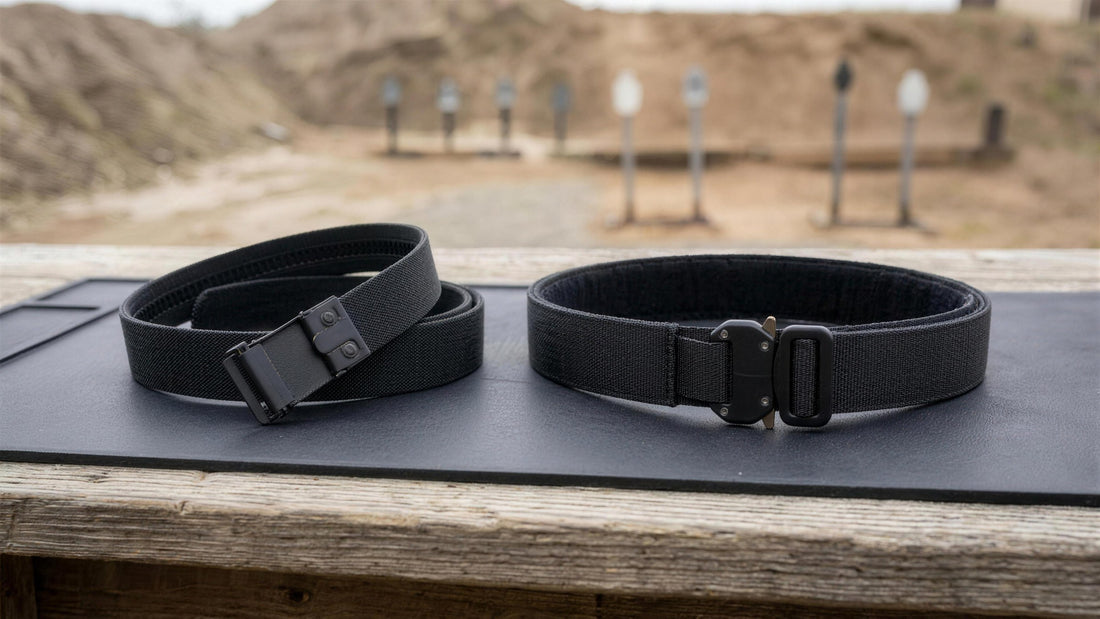1.5-inch nylon ratchet belt and 1.75-inch outer equipment belt side by side on an outdoor range bench (concept render)