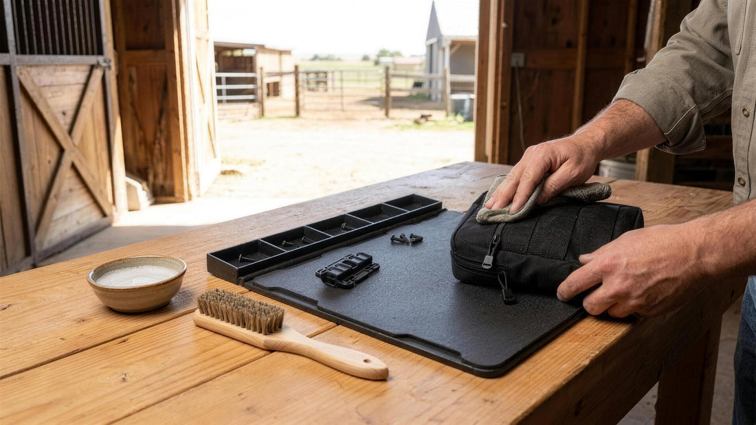 Maintenance mat unrolled on a barn workbench, parts tray holding screws and a quick-connect buckle, a hand wiping a nylon pouch (concept render)