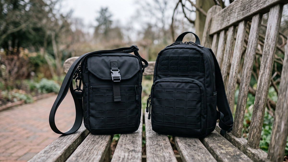 Black crossbody bag and small black backpack side by side on a wooden bench outdoors (concept render)