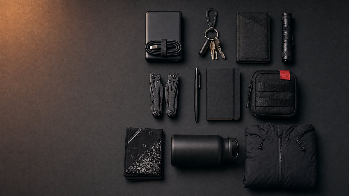 Everyday carry flat lay on a dark surface: power bank, keys, wallet, flashlight, multitool, pen and notebook, first-aid pouch, bandana, water bottle and a folded shell (concept render)