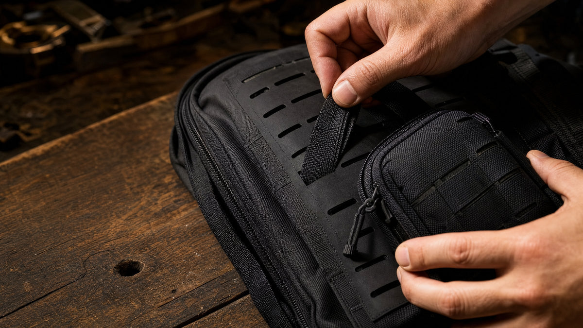 Hands weaving the strap of a small black pouch through the laser-cut panel of a black backpack on a wooden workbench (concept render)