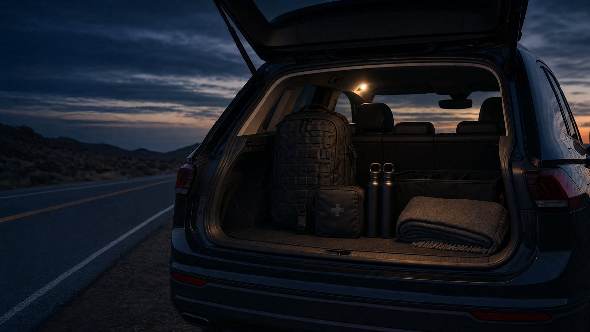 Open rear hatch of a dark SUV at dusk with a black backpack, first-aid pouch, water bottles and a wool blanket in the cargo area (concept render)