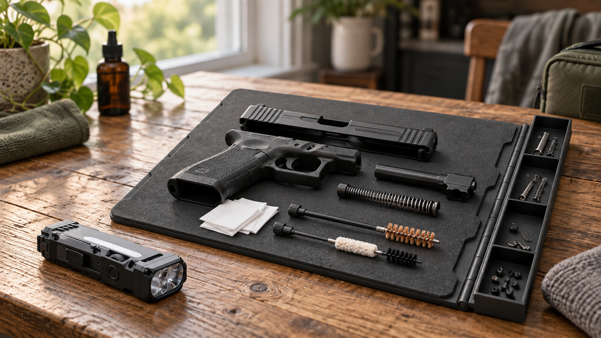 ICONTACTIC Maintenance Mat with magnetic parts tray and Compact Flat Flashlight at a home gun cleaning station on a kitchen table (concept render)