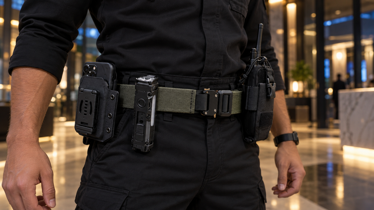 Security officer wearing the ICONTACTIC Outer Equipment Belt with Adjustable Radio Carrier, Compact Flat Flashlight and Belt-Clip Phone Sheath (concept render)