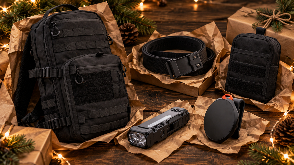 ICONTACTIC gifts unwrapped from kraft paper: 14L Modular Backpack, Nylon Ratchet Belt, Compact Flat Flashlight, Compact Zip Organizer and Magnetic Phone Mount (concept render)