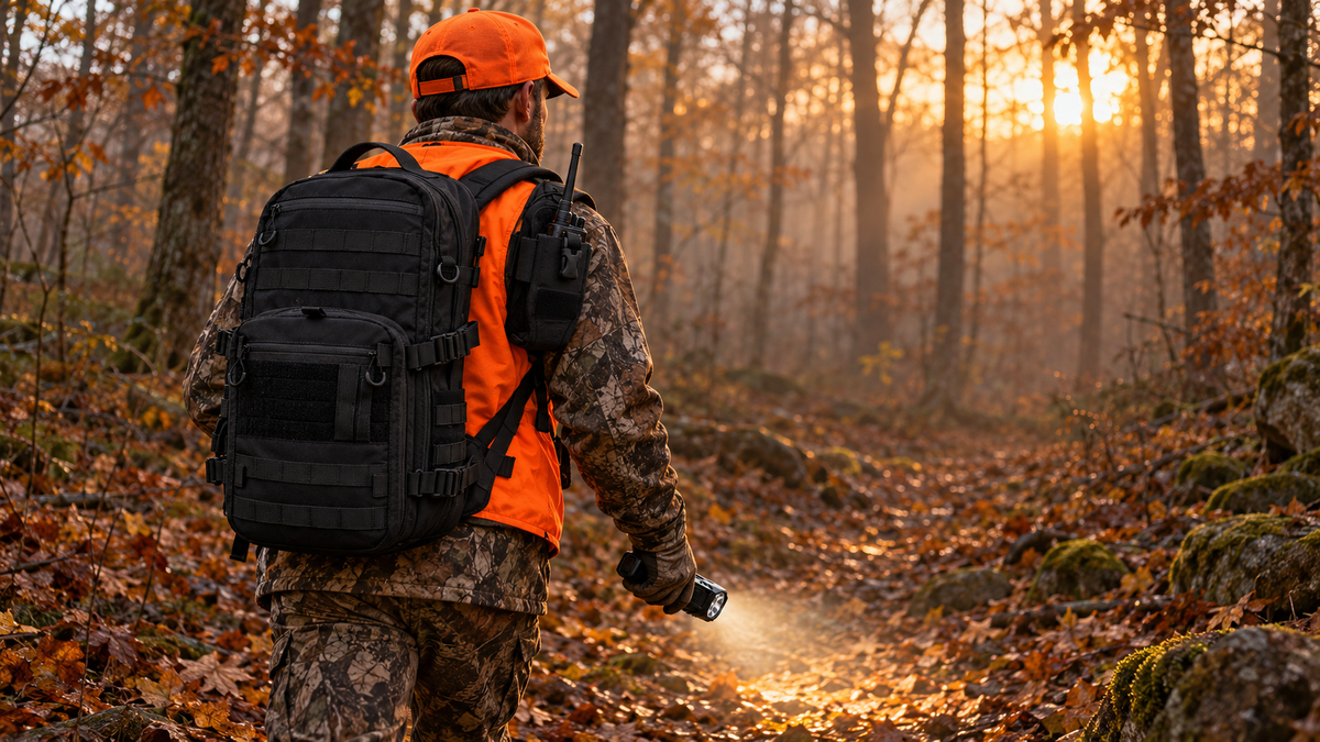 Deer hunter in blaze orange walking into autumn woods at dawn with the ICONTACTIC 14L Modular Backpack, Adjustable Radio Carrier and Compact Flat Flashlight (concept render)