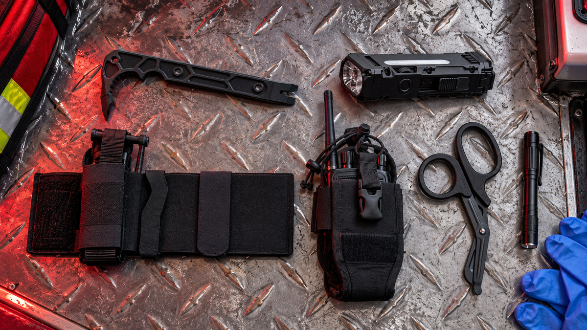 First responder EDC on an ambulance floor: ICONTACTIC Compact Rescue Pry Bar, Compact Flat Flashlight, Ankle Utility Carrier and Adjustable Radio Carrier with shears and gloves (concept render)