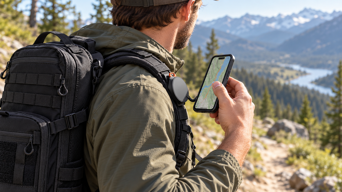 Hiker lifting a phone off the ICONTACTIC Magnetic Phone Mount on the shoulder strap of the 14L Modular Backpack above a mountain valley (concept render)