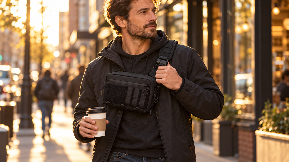 Man on a city street at golden hour wearing the ICONTACTIC Modular Crossbody Bag high across his chest like a chest pack (concept render)
