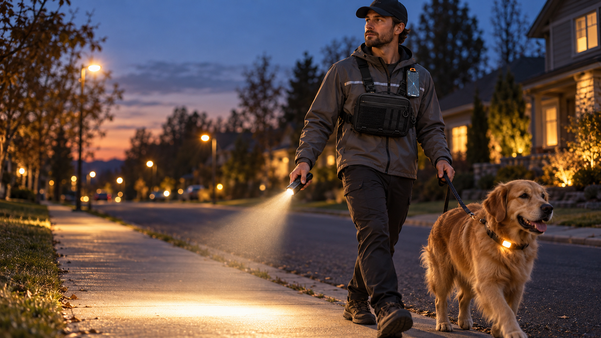 Evening dog walk with the ICONTACTIC Modular Crossbody Bag worn in front and the Compact Flat Flashlight lighting the sidewalk (concept render)