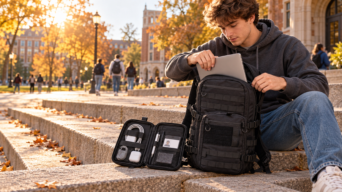 College student on library steps sliding a laptop from the ICONTACTIC 14L Modular Backpack, Compact Zip Organizer open beside him (concept render)