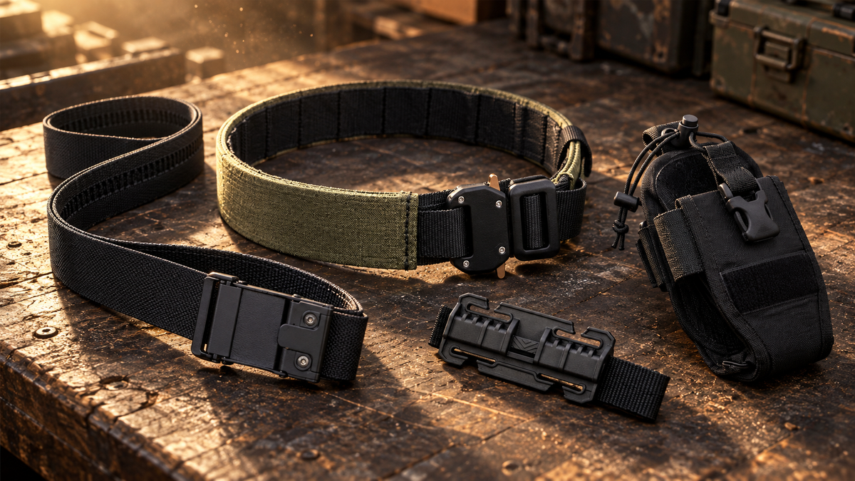 ICONTACTIC Outer Equipment Belt quick-release buckle, Ratchet Belt, Quick-Connect Buckle and Radio Carrier on a workbench (concept render)