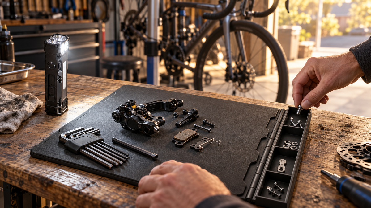 Bike brake parts sorted on the ICONTACTIC Maintenance Mat with Magnetic Parts Tray, flat flashlight lighting the bench (concept render)