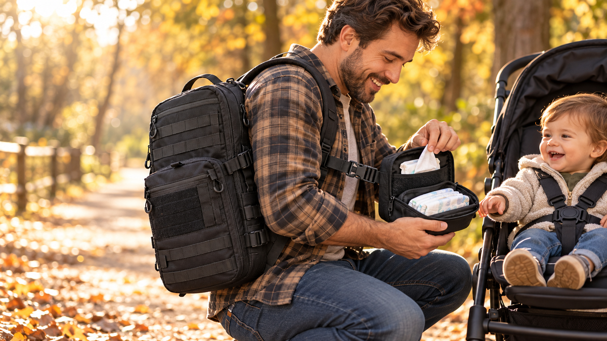 Dad by a stroller pulling a change kit pouch from the ICONTACTIC 14L Modular Backpack used as a diaper bag (concept render)