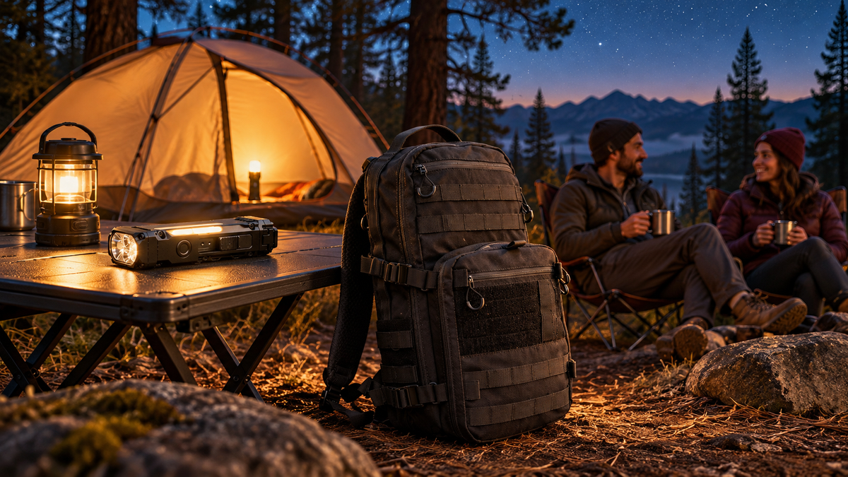 Forest campsite at blue hour with the ICONTACTIC Compact Flat Flashlight on the camp table and the 14L Modular Backpack beside it (concept render)