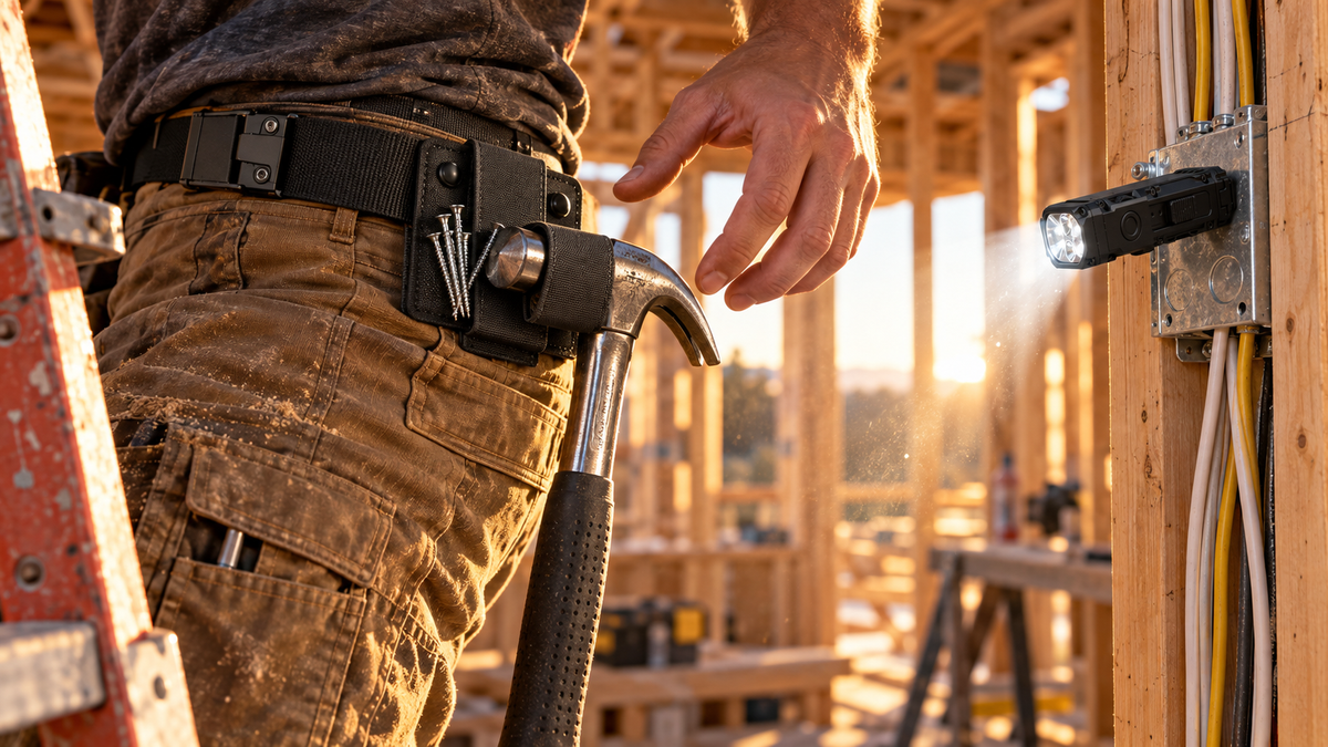 ICONTACTIC Magnetic Retention Catch on a ratchet belt holding a steel hammer and screws, flat flashlight stuck to a junction box (concept render)