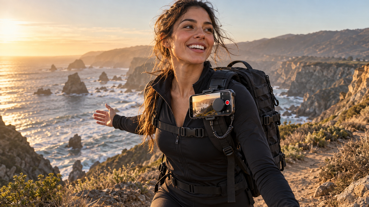 Hiker filming POV video with a phone on the ICONTACTIC Magnetic Phone Mount on the backpack shoulder strap above a coastal trail (concept render)