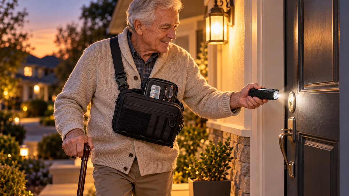 Senior man at his front door wearing the ICONTACTIC Modular Crossbody Bag and lighting the keyhole with the Compact Flat Flashlight (concept render)