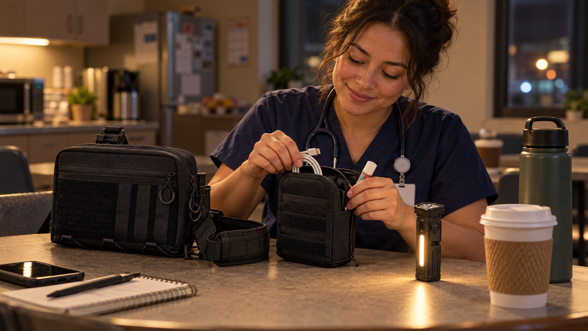 Nurse in a break room with a crossbody bag, zip organizer and compact flashlight (concept render)