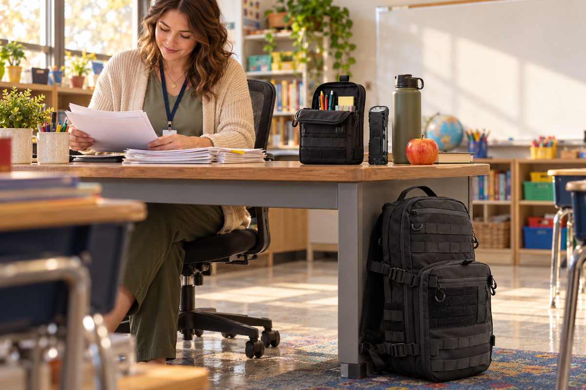 Teacher at a classroom desk with a compact backpack, zip organizer and flat flashlight (concept render)