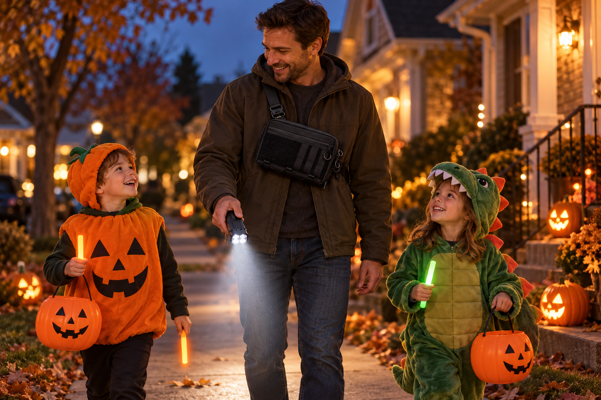 Parent with two costumed kids trick-or-treating at dusk, flat flashlight lighting the sidewalk, crossbody bag in front (concept render)
