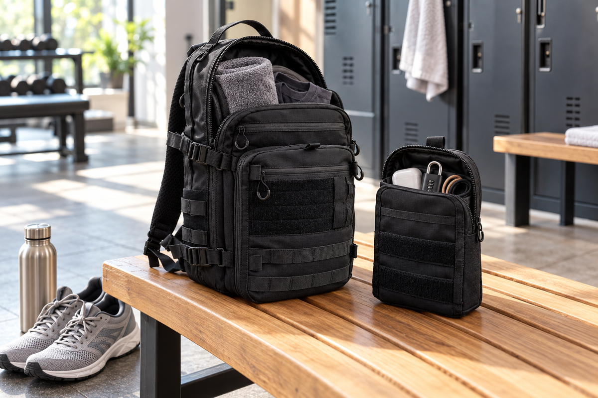 Compact backpack and zip organizer on a gym locker room bench (concept render)