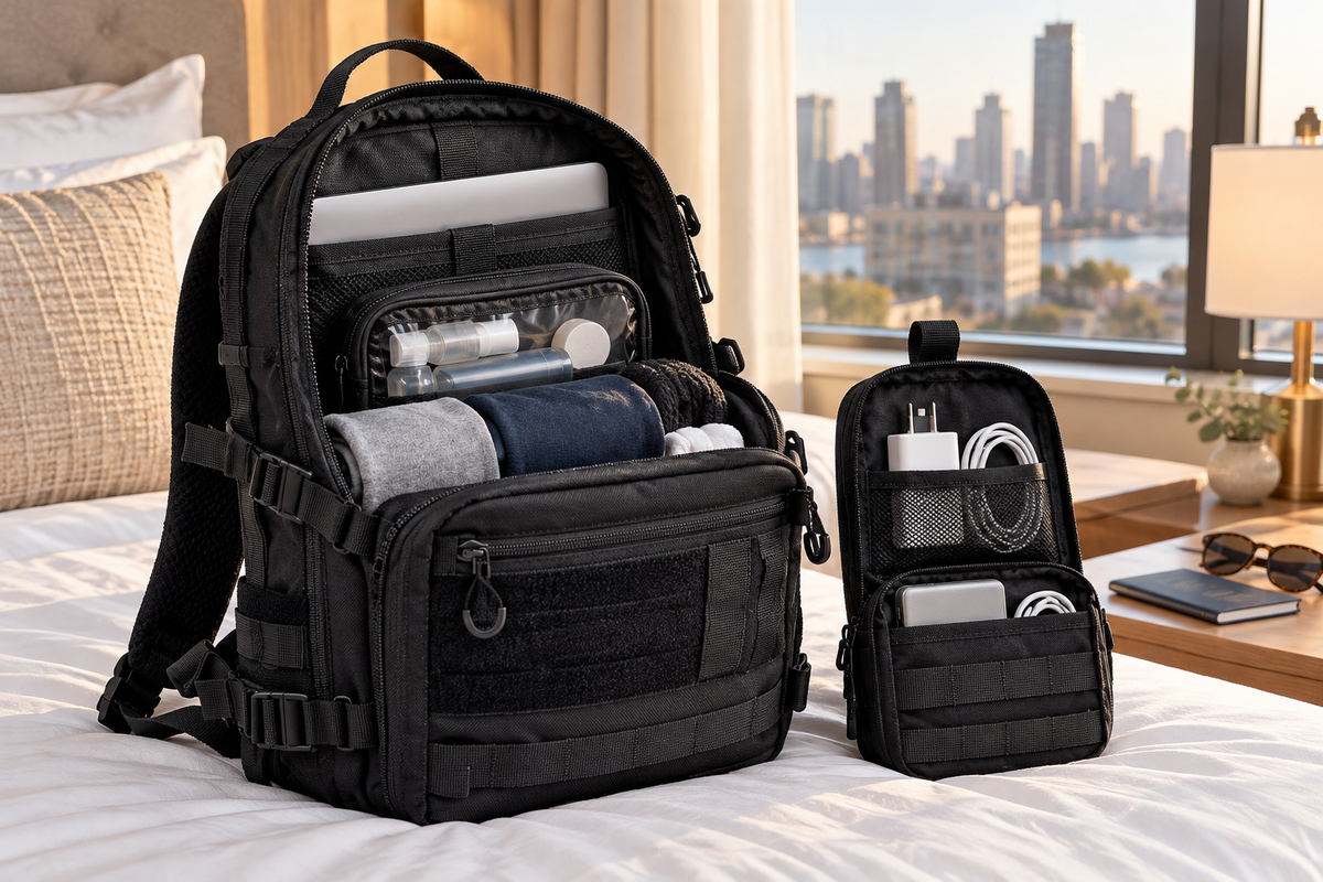 Compact backpack packed for an overnight trip on a hotel bed with a zip organizer (concept render)