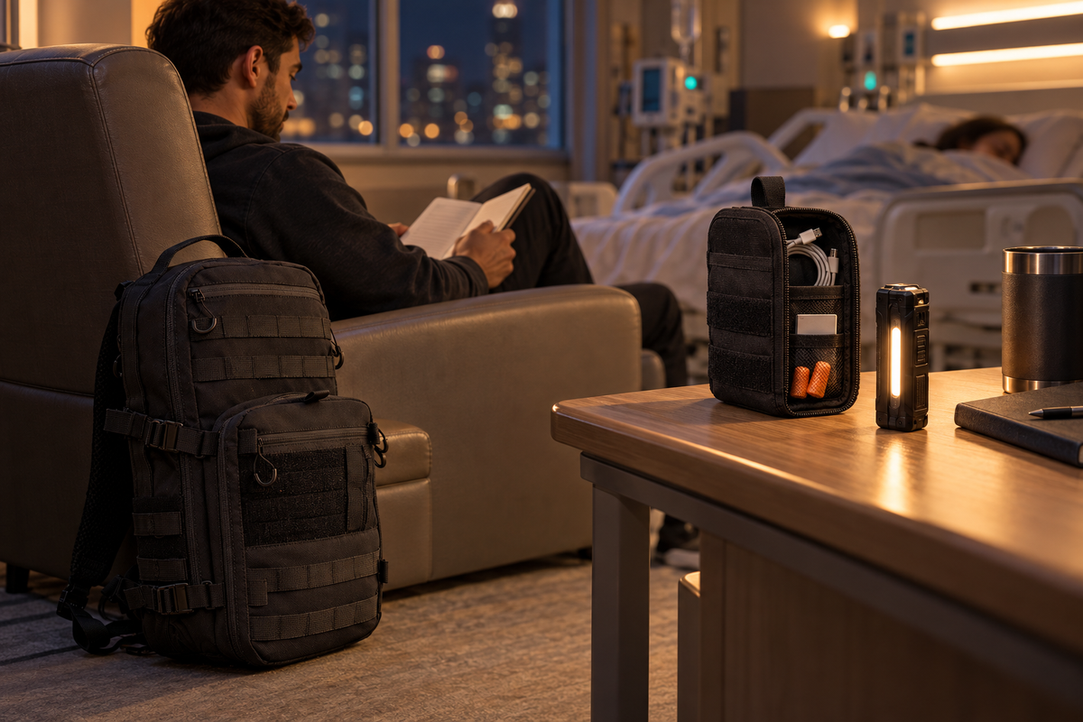 Caregiver beside a hospital bed at night with a compact backpack, zip organizer and flat flashlight on low (concept render)