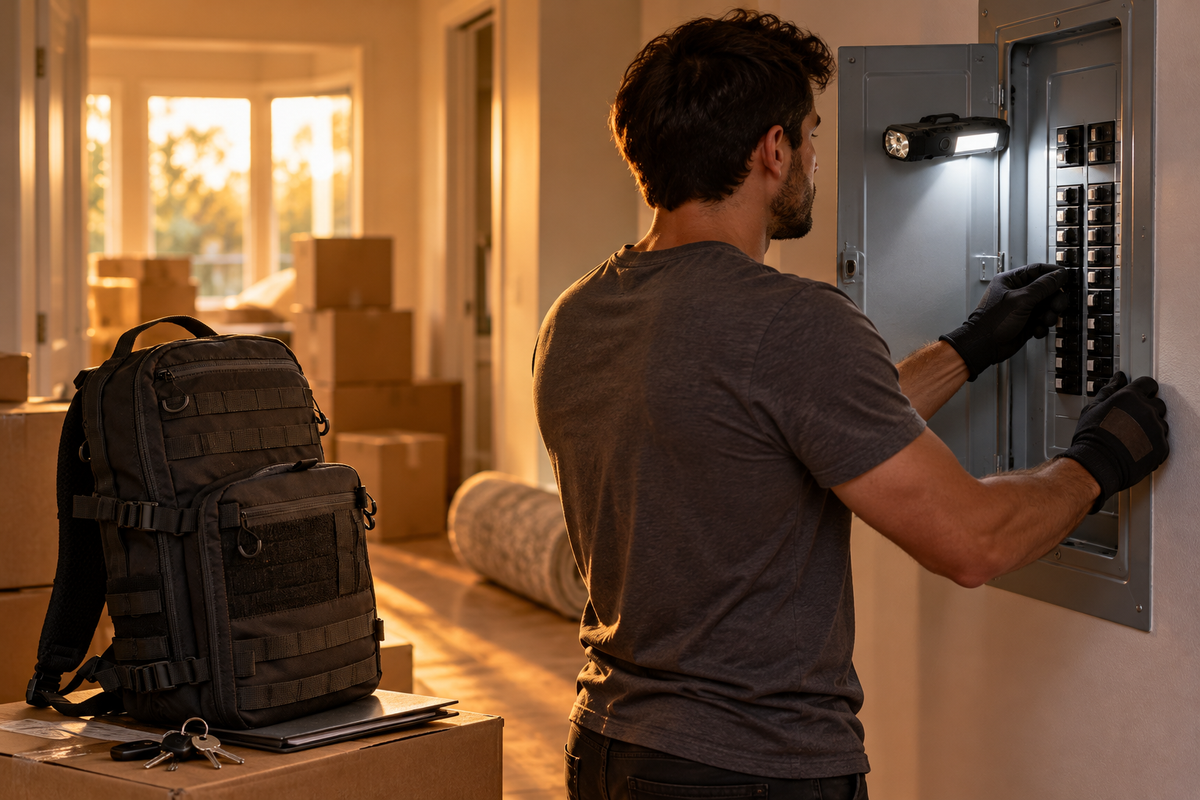 Person in an empty new home with moving boxes, compact backpack and a flat flashlight stuck to a breaker panel (concept render)