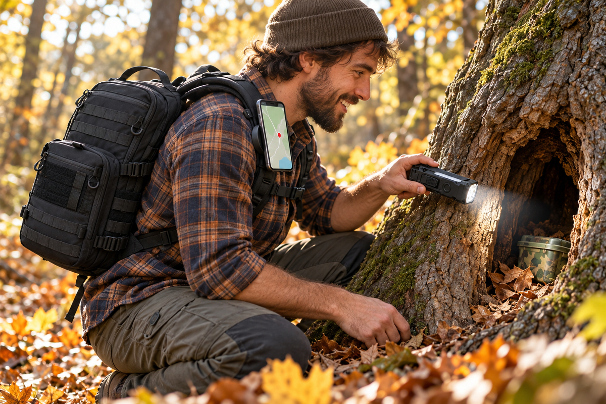 Geocacher in a forest finding a cache in a tree hollow with a flat flashlight, phone on a backpack strap mount (concept render)