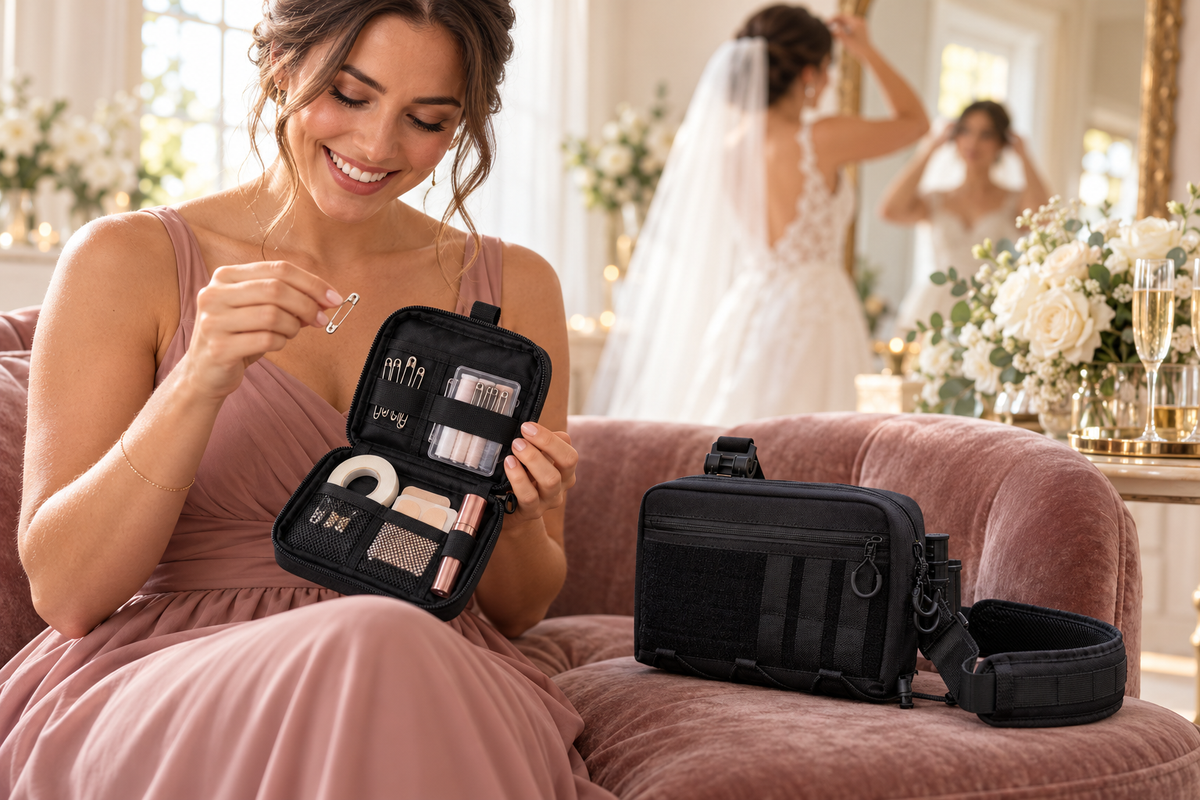 Bridesmaid opening an organized zip pouch with safety pins and fashion tape in a getting-ready room (concept render)