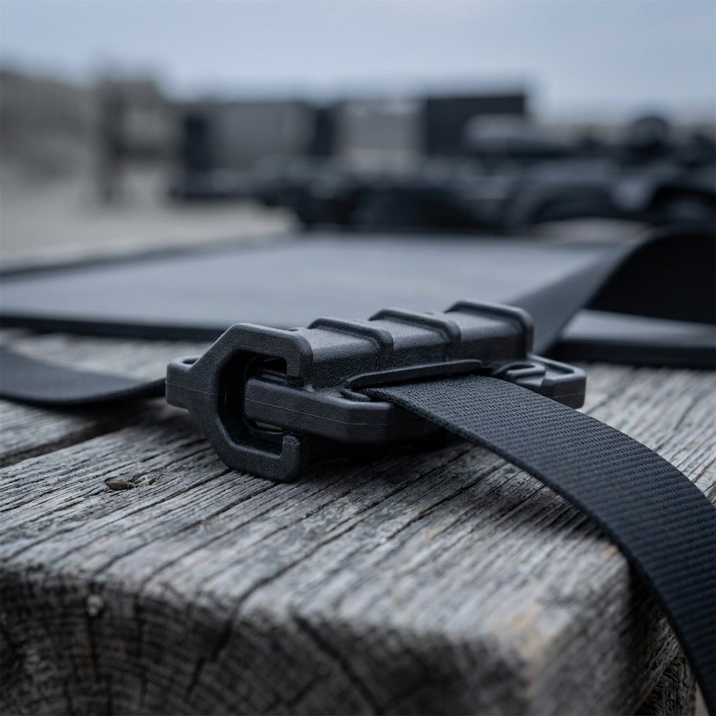 25mm Quick-Connect Buckle, close-up of the black open jaw with webbing