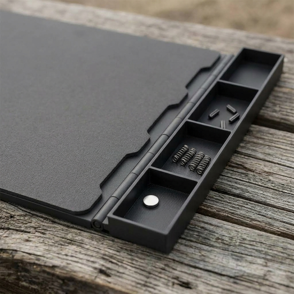 Maintenance Mat with Magnetic Parts Tray, close-up of the black hinged tray with pins, springs and a magnet