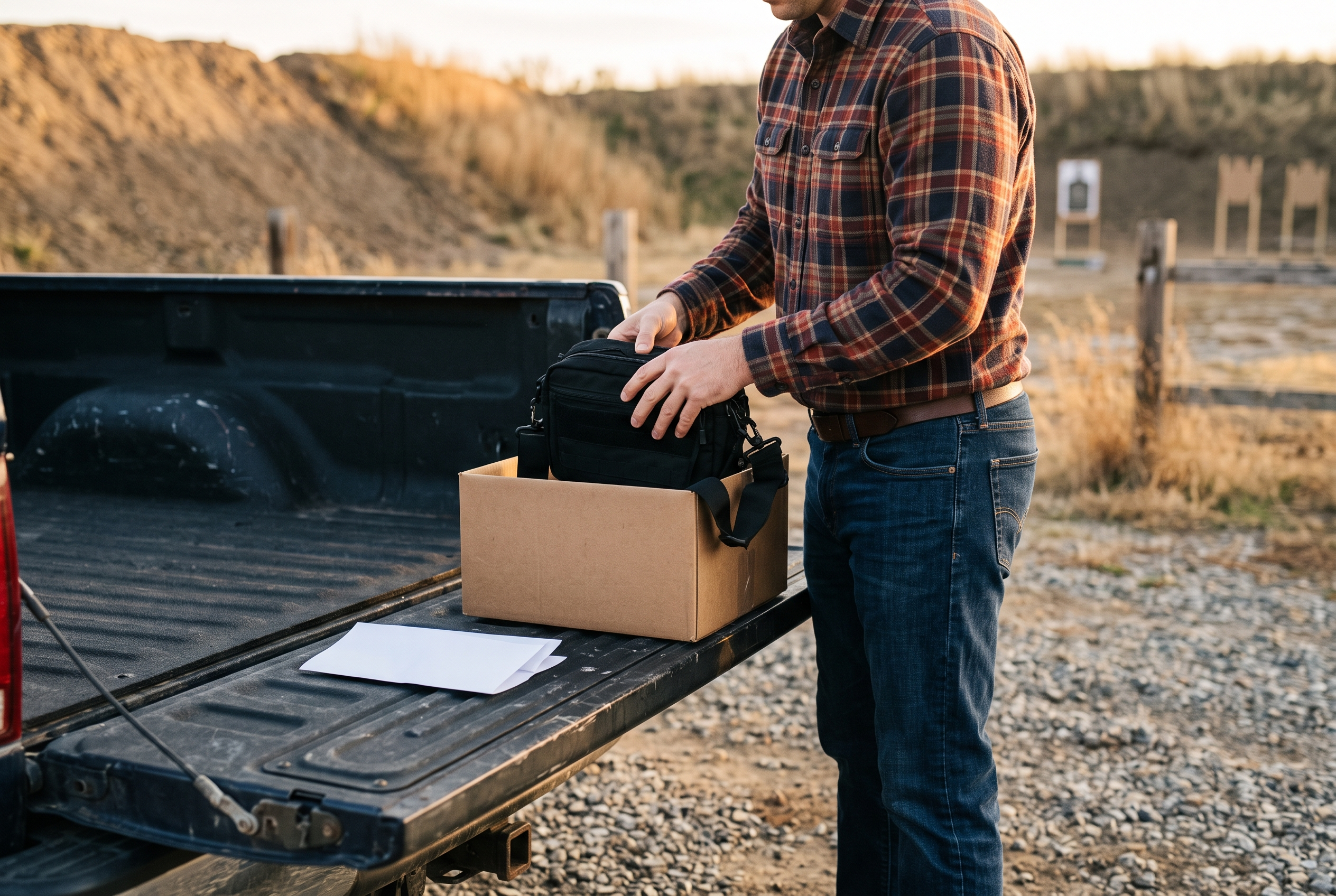 A sling bag being packed into a shipping box on a truck tailgate at an outdoor range