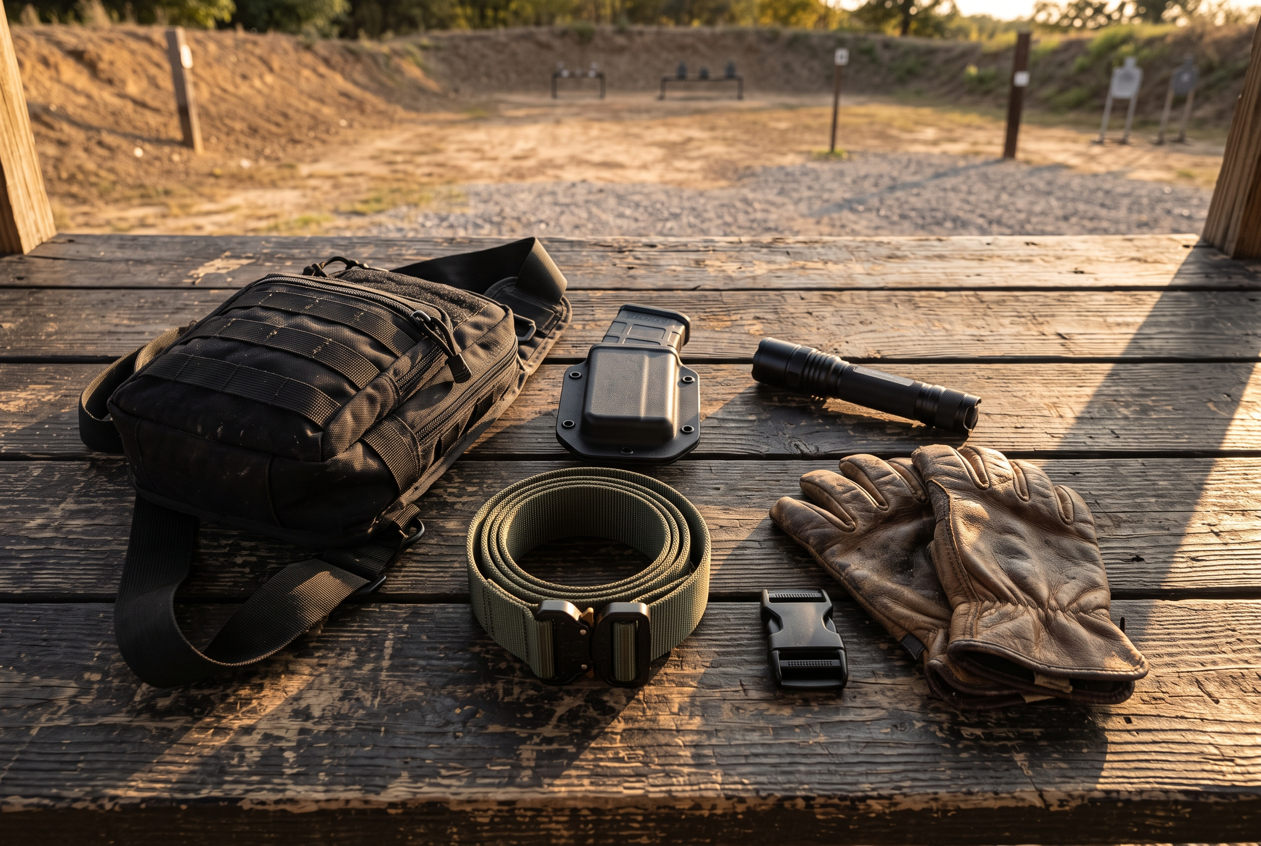 ICONTACTIC gear laid out on a weathered wood bench at an outdoor shooting range
