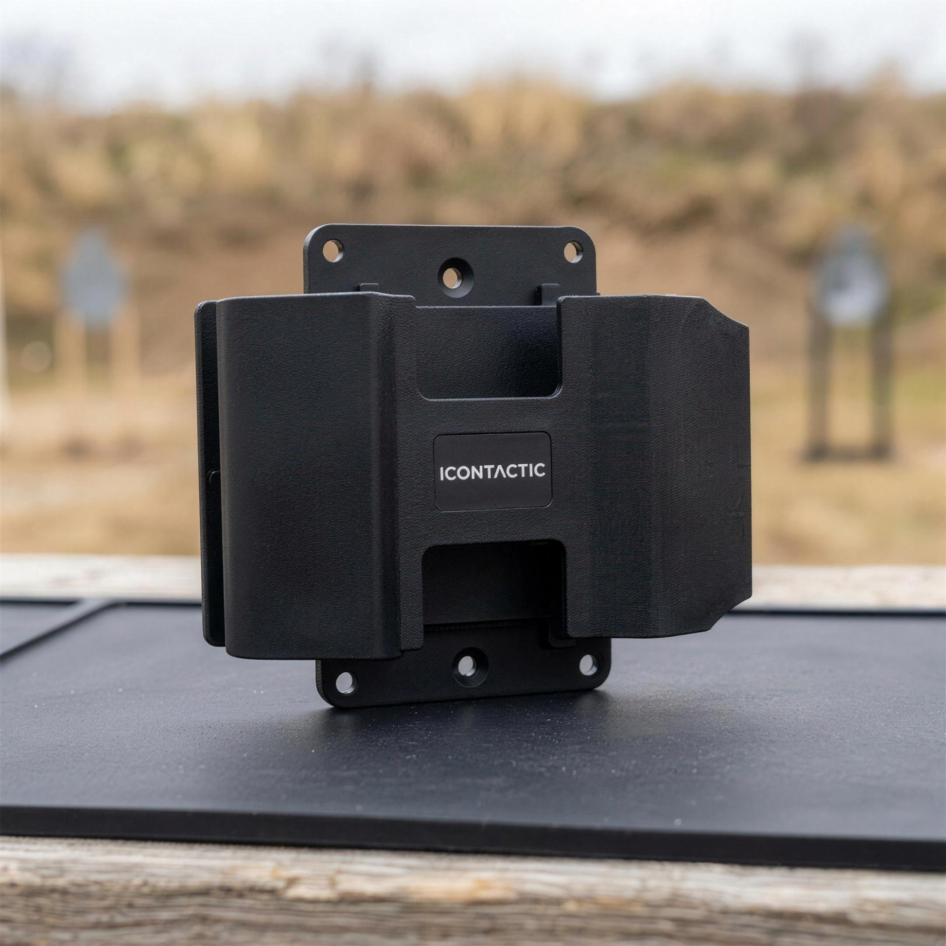 ICONTACTIC Magnetic Handgun Mount, concept render pending supplier verification, mount only with the ICONTACTIC label on an outdoor range bench, no firearm