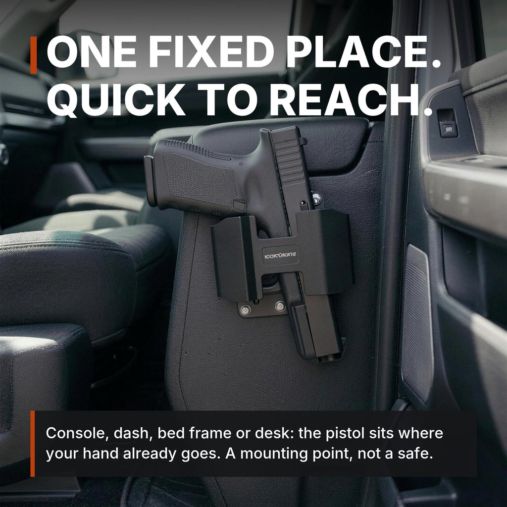 Magnetic Handgun Mount on a truck console: one fixed place, quick to reach