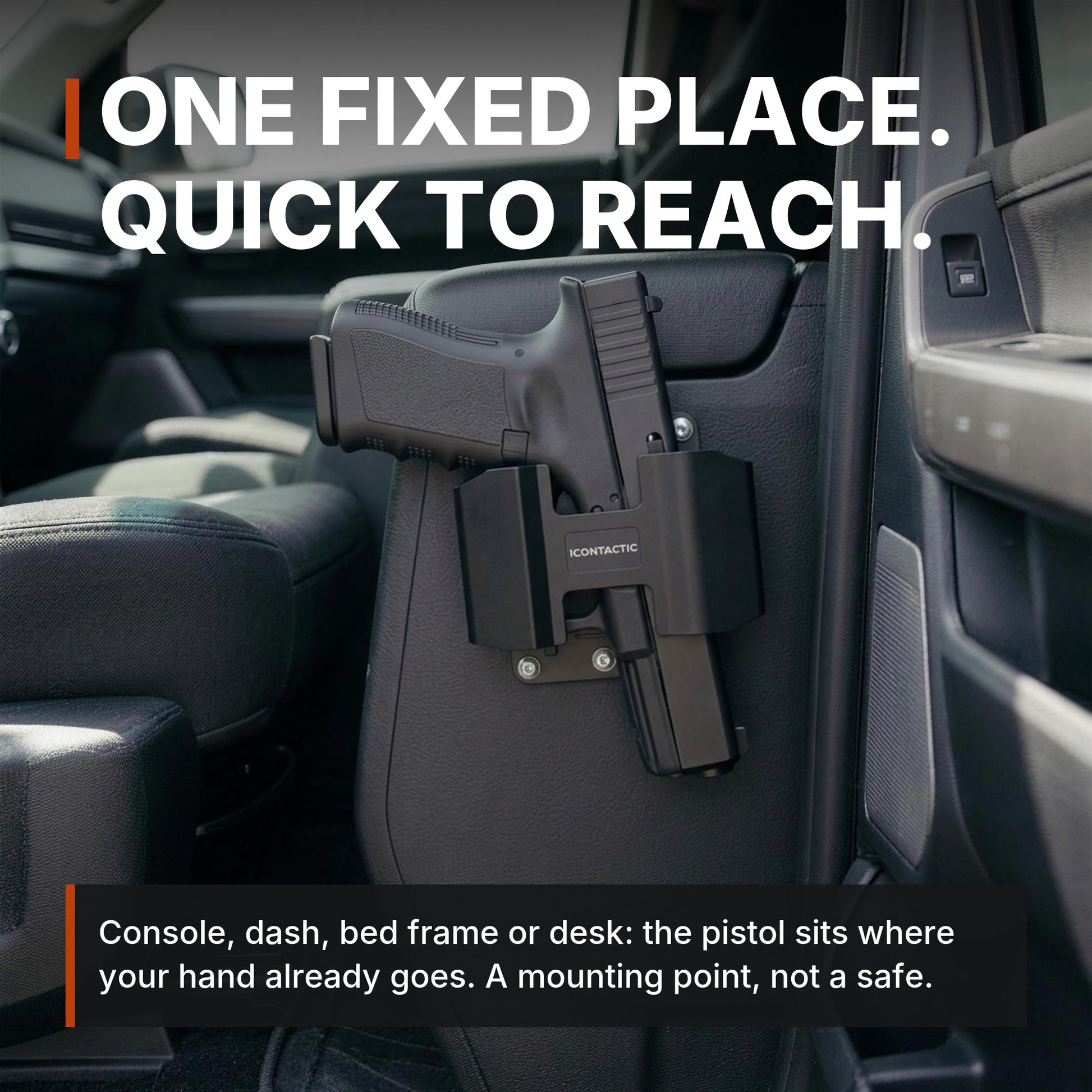 ICONTACTIC Magnetic Handgun Mount on a truck console, headline: one fixed place, quick to reach. Concept render pending supplier verification