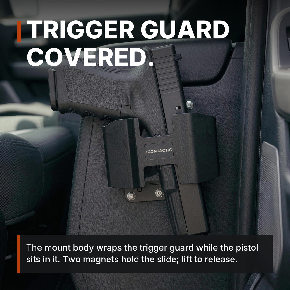 ICONTACTIC Magnetic Handgun Mount close-up, headline: trigger guard covered. Concept render pending supplier verification