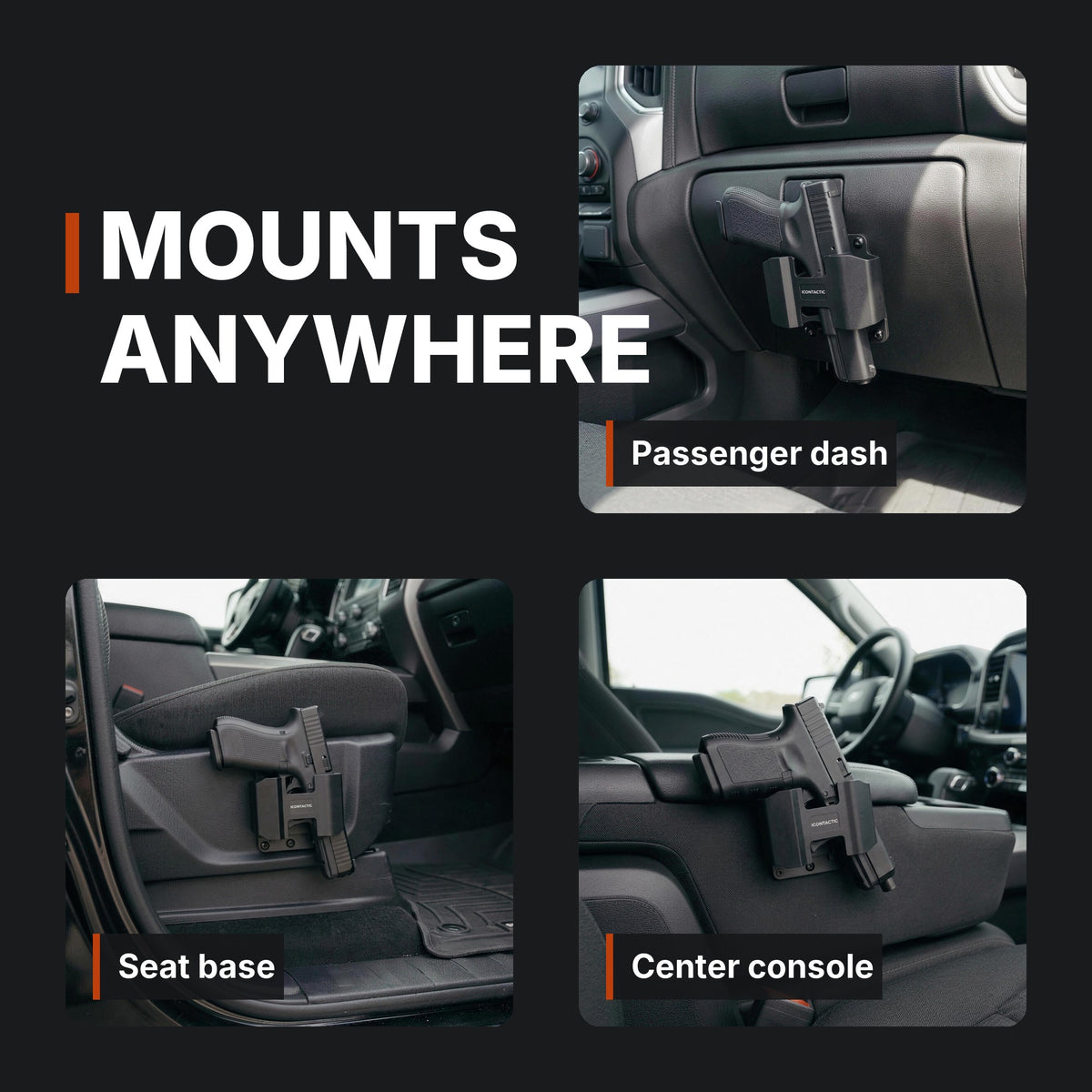 ICONTACTIC Magnetic Handgun Mount collage: passenger dash, seat base and center console placements. Concept renders, illustrative