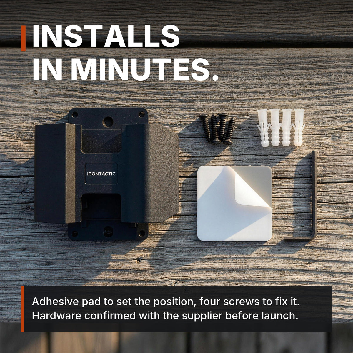 ICONTACTIC Magnetic Handgun Mount with screws, anchors and adhesive pad, headline: installs in minutes. Concept render, hardware confirmed with the supplier