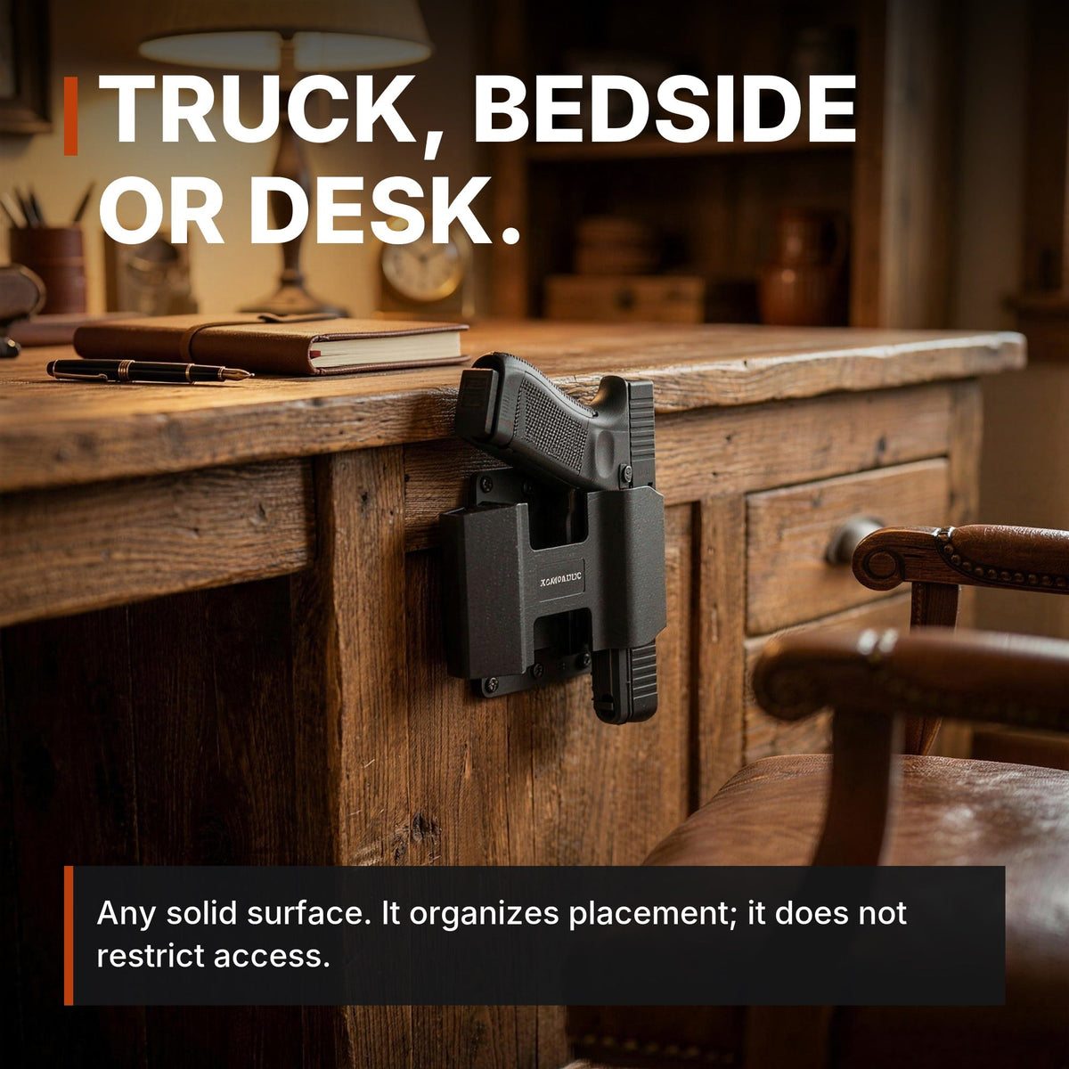 Magnetic Handgun Mount on the side panel of a wood desk: truck, bedside or desk